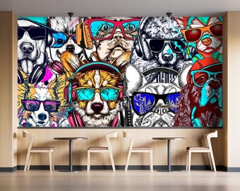 Dog Wall Mural Peel and Stick Cafe, Colorful Wall paper, Bold Wall Decor, Large Dogs Mural Playroom Funky Living Room Hipster Pets Art