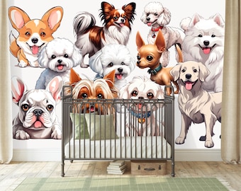 Dog Wallpaper Mural Peel and Stick Nursery, Pets Pattern BedroomColorful Wallpaper Dog Wall Decor Dogs Wallpaper Playroom Funky Living Room
