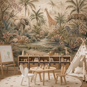 Safari Jungle Wall Mural, Tropical Animal Wallpaper for Boys Girls Nursery Bedroom Decor