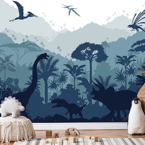 Soft Pastel Blue Tropical Forest Wallpaper for Boy Nursery Removable, Dinosaur Wall Mural Adhesive, Jurassic World Wallpaper Kids Bedroom