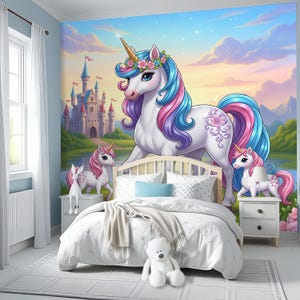 Magical Unicorn Castle Wall Mural – Fantasy Peel and Stick Wallpaper for Girls Room or Nursery, Pastel Princess & Fairyland Decor Removable