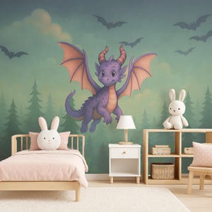 Cute Dragon Wallpaper Peel and Stick Toddler Bedroom, Magic Forest Wallpaper Nursery Removable Decor, Forest Landscape Mural Room Wall paper