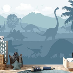 Soft Pastel Blue Dino Wallpaper Baby Boy Nursery Removable / Large Jurassic World Wall Mural Kids Bedroom / Playroom Wallpaper Peel & Stick