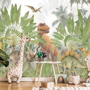 Tropical Leaf Wallpaper for Toddler Kids Nursery Removable Jurassic World Wall Mural Adhesive Dinosaurs Wallpaper Boys Playroom Peel & Stick