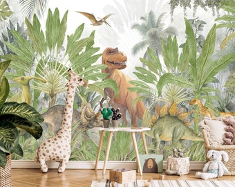 Tropical Leaf Wallpaper for Toddler Kids Nursery Removable Jurassic World Wall Mural Adhesive Dinosaurs Wallpaper Boys Playroom Peel & Stick