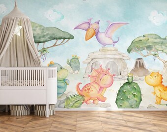 Dinosaur Wallpaper for Baby Nursery Removable / Triceraptors Wall Mural Kids Bedroom / Decor for Nursery and Kids Bedroom Playroom