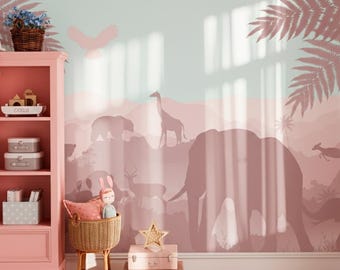 Elephant, Lion Wallpaper for Toddler Girl Nursery Removable, Soft Pastel Pink Safari Animals Wall Mural Adhesive, Safari Silhouette Bedroom