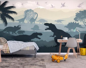 Dinosaur Wallpaper Peel and Stick for Boy Nursery Dark Removable / Prehistoric Mural Boys Bedroom / Playroom Decor with Mountain Adhesive