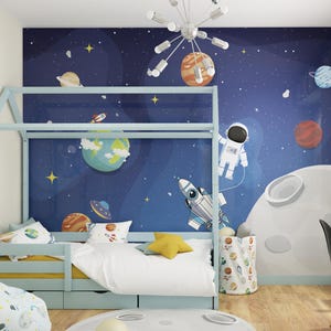 Spaceman Wall Mural - Removable Space Wallpaper for Toddler Boys Room, Cosmic Peel and Stick Nursery Decor, Kids Galaxy Wall Art
