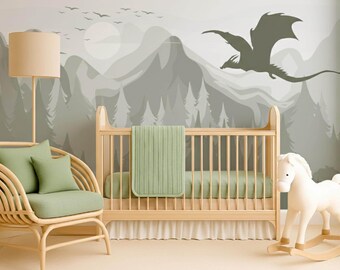 Dragon Peel and Stick Wallpaper Boy Nursery, Forest Landscape Wall Mural Adhesive, Mountain Bedroom Non-Woven Decor Removable Gender Neutral
