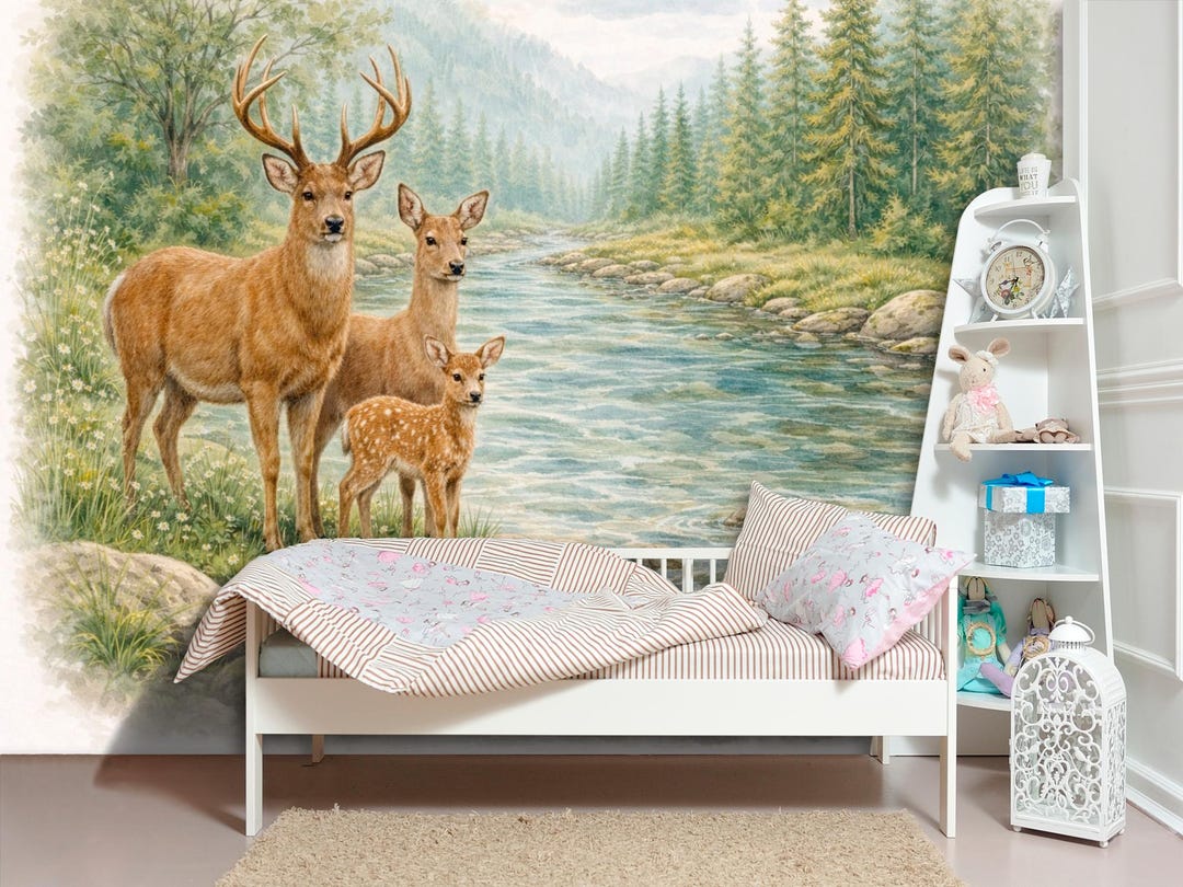 Deer Family Wall Mural Peel and Stick or Non-woven, Woodland Nursery ...