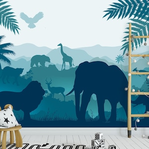 Jungle Animals Wallpaper Nursery Blue / Ombre Mountain Wall Mural / Safari Wallpaper Bedroom Peel & Stick Removable / Safari Art Adhesive