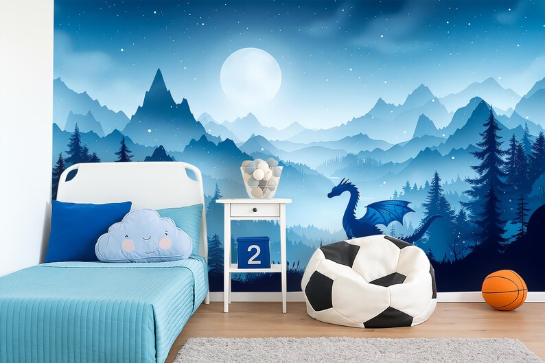 Dragon Wallpaper Peel and Stick Toddler Boy Playroom Blue, Mountain ...