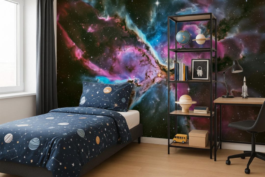 Cosmic Space Peel and Stick Wallpaper for Kids Room, Rainbow Galaxy ...