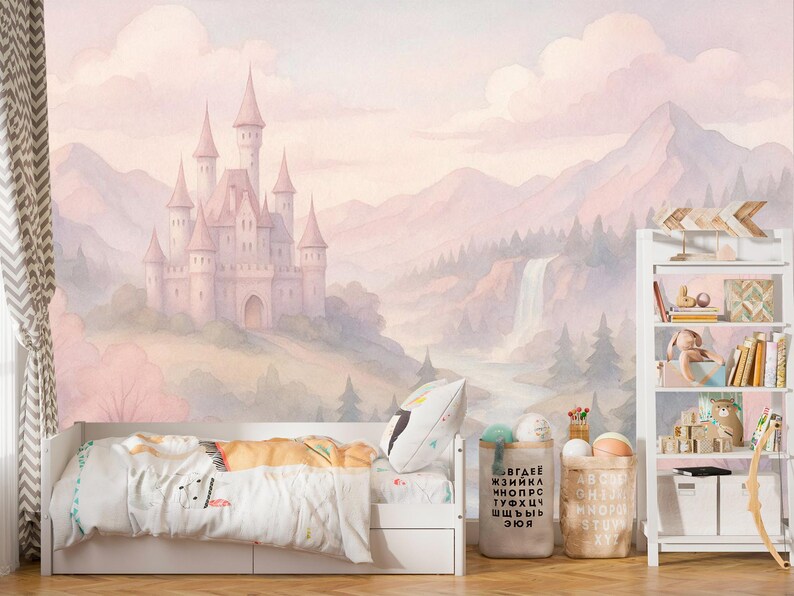 Fairy Tale Castle Wallpaper Peel and Stick, Soft Pink Wall Mural for ...
