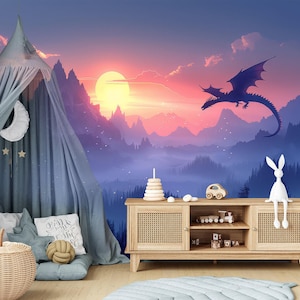 Dragon Wallpaper Peel and Stick Toddler Playroom, Forest Wallpaper Girl Boy Nursery Decor, Mountain Wallpaper Landscape Mural Bedroom