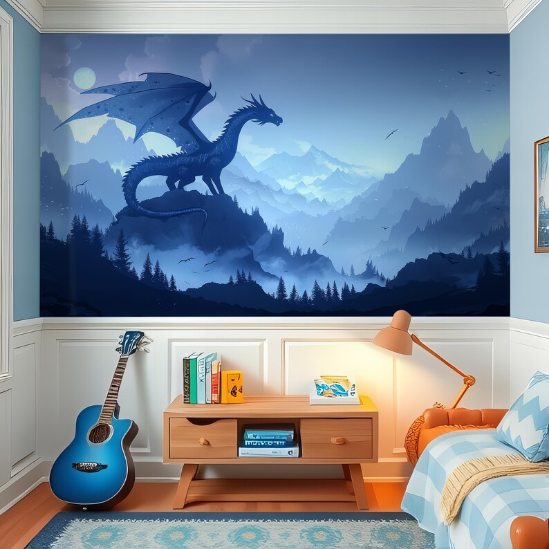 Dragon Wallpaper Peel and Stick Toddler Bedroom, Mountains Landscape ...