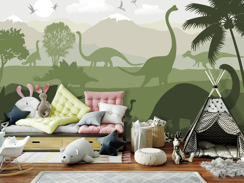 Dinosaur Wallpaper for Boy Nursery Removable / Large Jurassic World Wall Mural Kids Bedroom / Playroom Wallpaper with Mountain Decor image 3