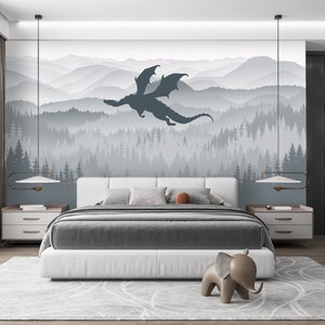 Dragon Wallpaper Black Peel and Stick Toddler Playroom Mountains Landscape Wallpaper Mural  Removable, Forest Wall paper Nursery Adhesive