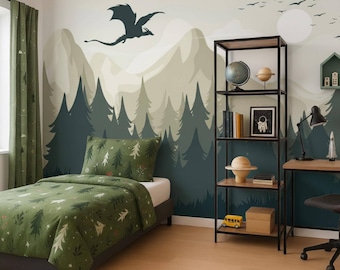 Dragon Wallpaper Peel and Stick Toddler Bedroom, Mountains Landscape Wallpaper Mural Playroom Removable, Forest Wall paper Nursery, Adhesive