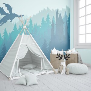 Pastel Green Forest Wallpaper Kids Nursery Removable, Fairy Dragon Wall Mural Adhesive Peel & Stick, Castle Wallpaper Non-Woven Eco-Friendly
