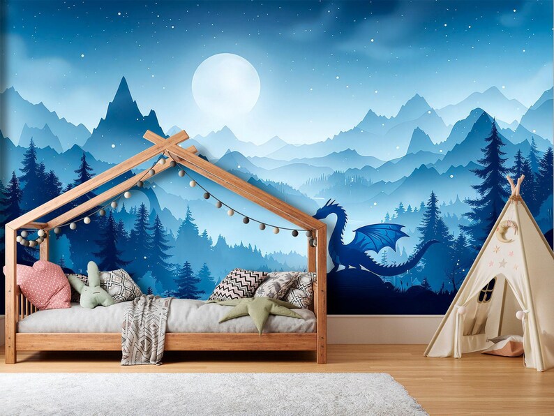 Dragon Wallpaper Peel and Stick Toddler Boy Playroom Blue, Mountain ...