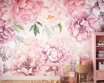 Watercolor Peony Wallpaper Peel and Stick for Baby Nursery Removable Floral Wall Mural Bedroom, Pink Flower  Girl Room Decor Removable