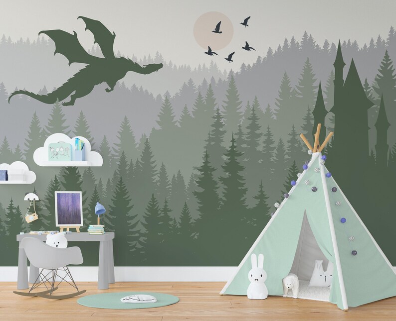 Dragon Wallpaper Mural Kids Room Removable, Mountainwallpaper Peel ...