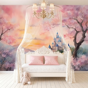 Pink Sakura Wallpaper Peel and Stick Girl Bedroom, Magic Kingdom Princess Сastle Wall Mural Nursery, Forest Mountain Wall paper Kids Room