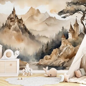 Mountain Wallpaper Peel and Stick Boy Girl Play Room, Magic Kingdom Wall Mural Toddler Nursery, Forest  Wall paper Bedroom Eco-Friendly