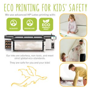 The image is an advertisement for eco-friendly printing for kids' safety, featuring a printer and images of children interacting with the printer.