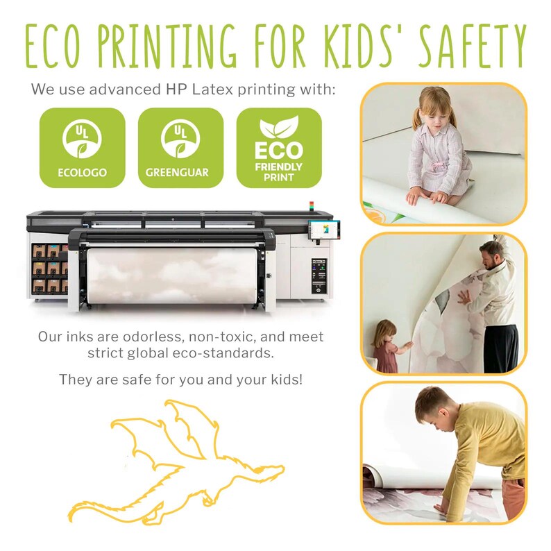 The image is an advertisement for eco-friendly printing for kids' safety, featuring a printer and images of children interacting with the printer.
