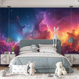 Space Wallpaper Peel and Stick Teen Bedroom Wall paper, Rainbow Galaxy Wallpaper Removable, Dark Outer Space Wall Mural Universe Galaxy Wall