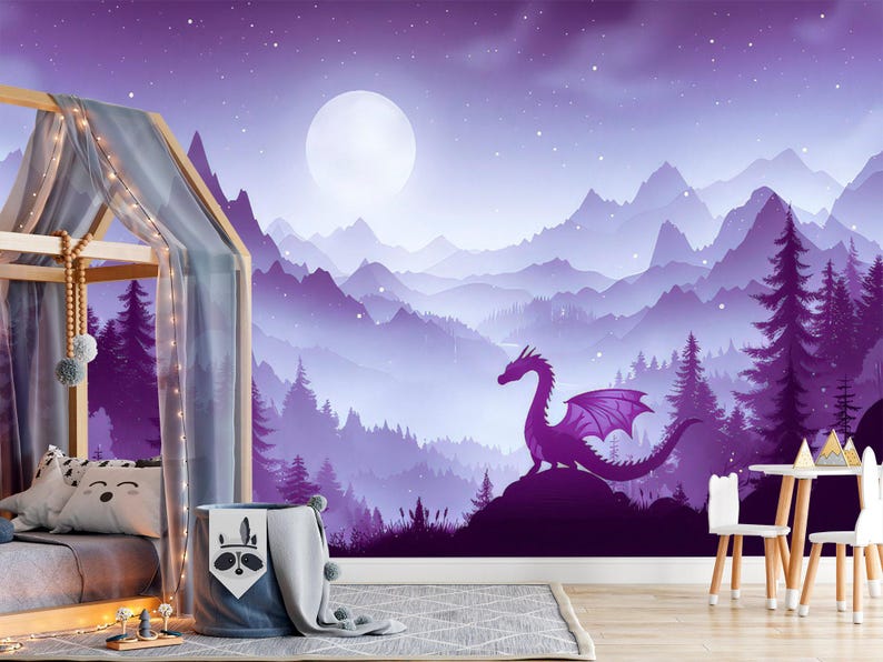 Dragon Wallpaper Peel and Stick Toddler Girl Playroom Purple Mountain ...
