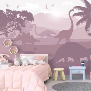 Soft Pastel Dinosaurs Wallpaper for Baby Girl Nursery Pink, Large Jurassic World Wall Mural Playroom Removable, Game room Wallpaper Adhesive