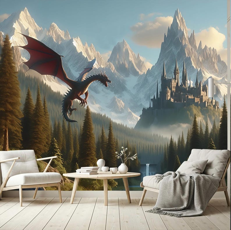 Fantasy Magic Kingdom Dragon Wallpaper Forest Mountain Peel and Stick ...