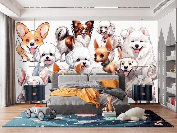Cute Dog Wallpaper, Lovely Dogs Wallpaper, Blue Wallpaper, Vet Wall Art, Peel And Stick Wallpaper, Removable Wallpaper, Industrial #1163