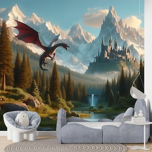 Magic Kingdom Dragon Wallpaper Peel and Stick Playroom, Forest Mountain Wall paper Boy Nursery Decor, Kids Castle Landscape Mural Girl Room