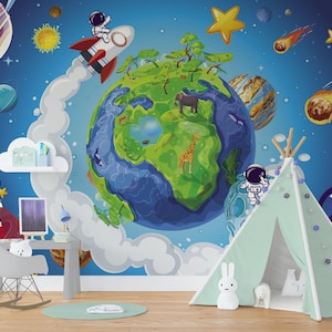 Planets Wallpaper Boys Room Removable, Galaxy Wallpaper Peel and Stick, Outer Space Wallpaper Kids, Solar System, Stars