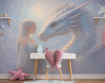 Fantasy Dragon Wallpaper - Peel and Stick Wall Mural with Elf and Ice Dragon, Magical Pastel Wall Decor for Bedroom, Nursery or Playroom