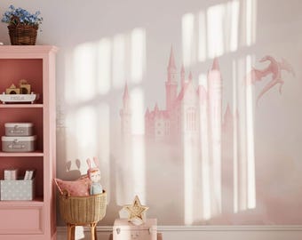 Pink Castle Dragon Wallpaper Peel and Stick for Kids Room, Fairy Forest Mountain Wall Mural, Nursery Landscape Decor, Removable Playroom Art