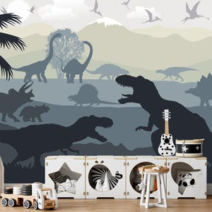 Dinosaur Wallpaper for Boy Nursery Removable / Large Jurassic World Wall Mural Boys Nursery / Playroom Wallpaper with Mountain Wallcovering