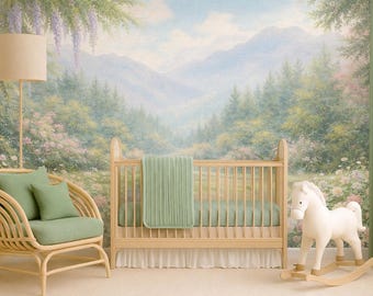 Floral Garden Wall Mural Peel and Stick or Non-Woven, Pathway Landscape Wallpaper, Pastel Nature Nursery Decor, Romantic Flower Wall Art