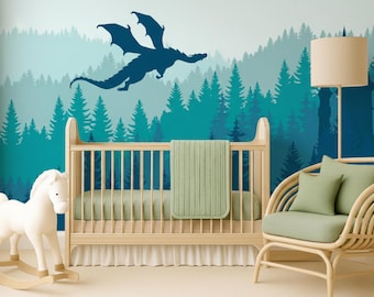 Enchanted Dragon Castle Wall Mural for Nursery Removable, Mountain Wallpaper Peel and Stick, Forest Magic Nursery Decor, Fantasy Wall Art