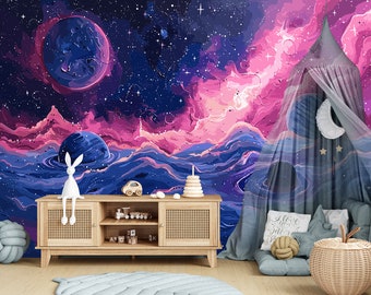 Space Wallpaper Peel and Stick Girl Nursery Wall Decor, Planets Wallpaper Removable, Dark Outer Space Wall paper Universe Galaxy Wall Woven