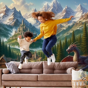 Magic Kingdom Dragon Wallpaper Peel and Stick Playroom, Mountain Forest Wall paper Boy Nursery Decor, Kids Castle Landscape Mural Girl Room