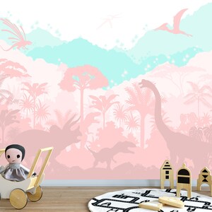 Soft Pastel Pink Dinosaur Wallpaper Girl Nursery Jurassic World Wall Mural Kids Bedroom Tropical Forest Wallpaper with Mountain Removable