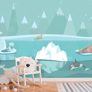Scandinavian Landscape Nursery Wallpaper. Arctic Animals Wall Mural Kids. Polar Bear on Ice Floe Wallpaper Peel & Stick. Mountain Wall Art