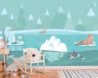 Scandinavian Landscape Nursery Wallpaper. Arctic Animals Wall Mural Kids. Polar Bear on Ice Floe Wallpaper Peel & Stick. Mountain Wall Art