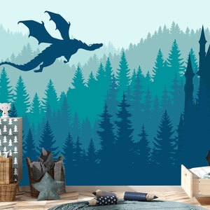 Pastel Green Forest Wallpaper Kids Nursery Removable, Fairy Dragon Wall ...